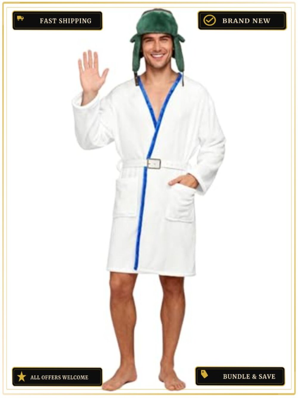 Men's Christmas Cousin Costume 4 Pc White Robe Set Belt Trapper Hat Cosplay